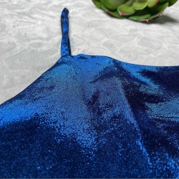 American Retro Mila Metallic Silk One Shoulder Long Sleeve Mini Dress in Blue - Picture 5 of 15
